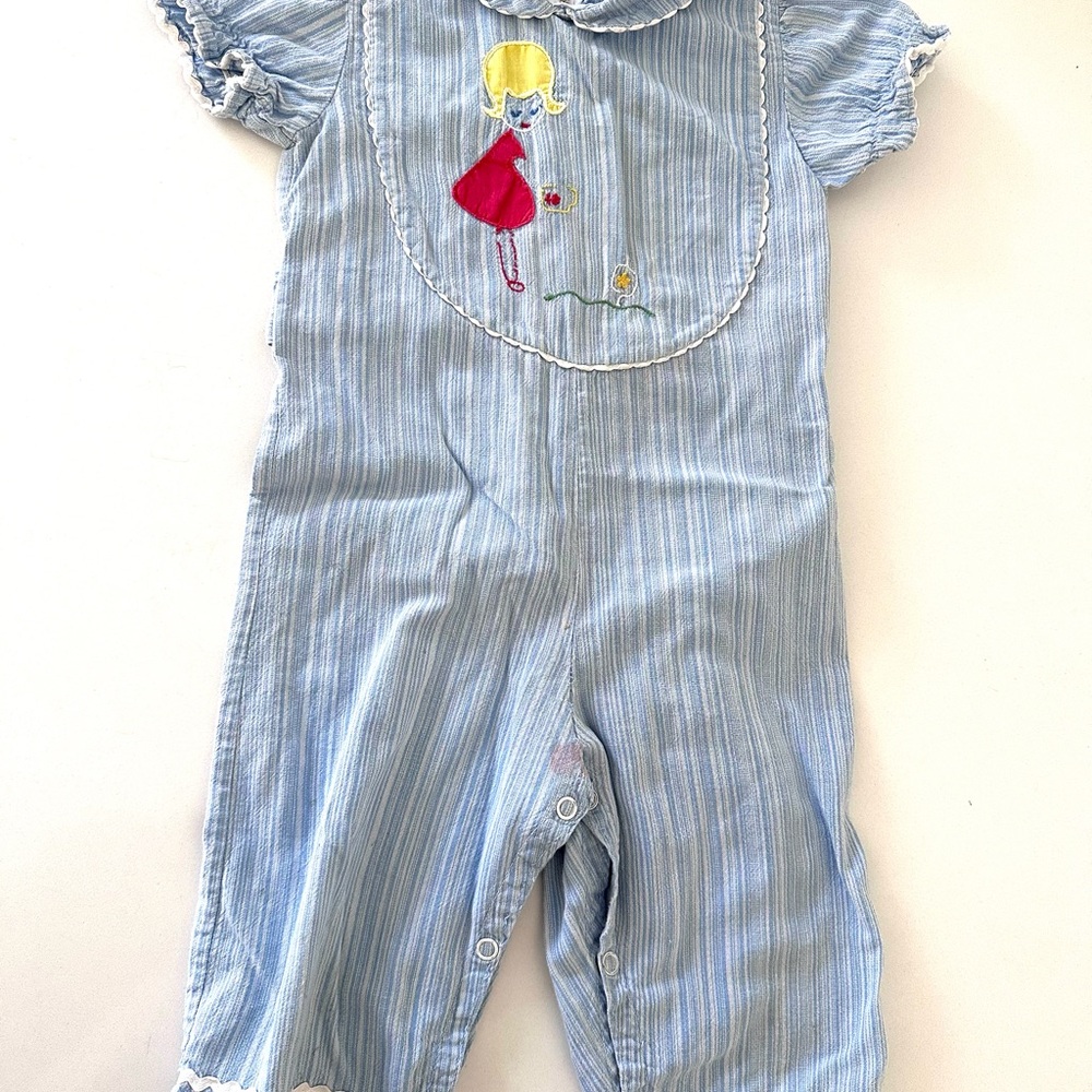 Vintage wonderalls Baby Romper with Embroidered Girl